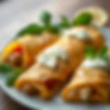 An assortment of delicious crepes filled with various ingredients, elegantly arranged on a plate.