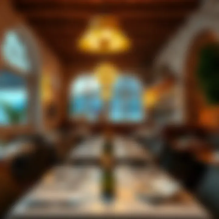 An inviting interior of a Mediterranean seafood restaurant highlighting the ambiance.