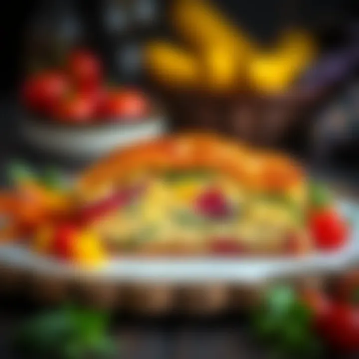 Savory Cake with Colorful Vegetables A vibrant serving of colorful vegetables beside the savory cake