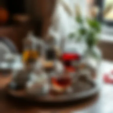 A beautifully arranged tea table showcasing various loose leaf teas and elegant tea accessories.