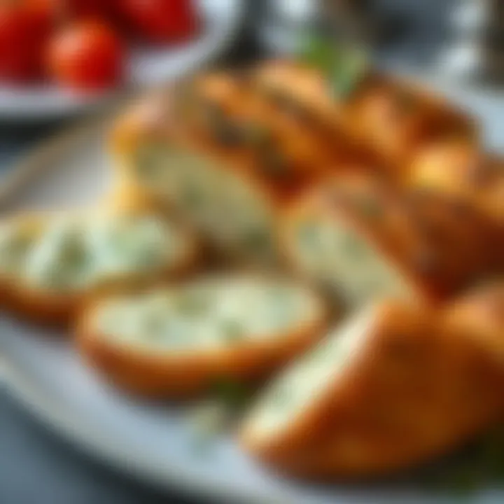 Plated cheese bread with herbs and garnish