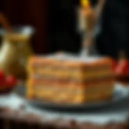 An artistic presentation of a traditional four-layer baklava with rich textures