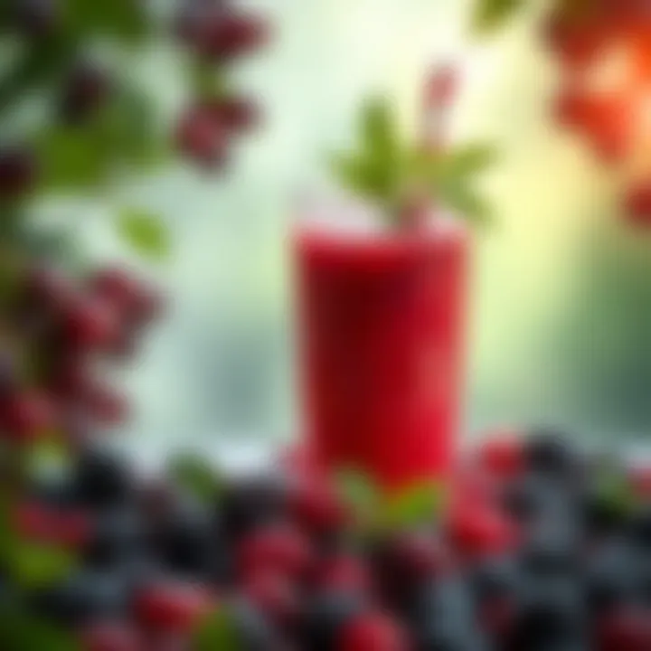 A glass of mulberry juice surrounded by fresh mulberries