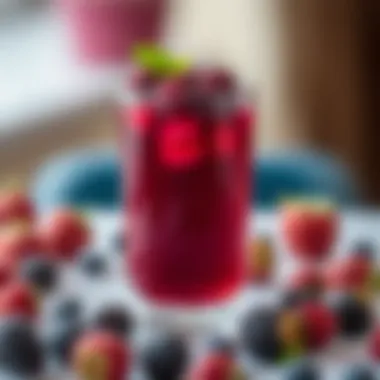 A creative display of mulberries and their juice in elegant glass