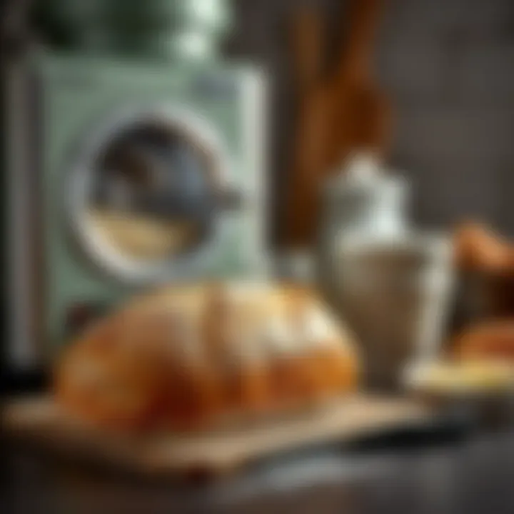 A freshly baked loaf of bread next to a kneading machine