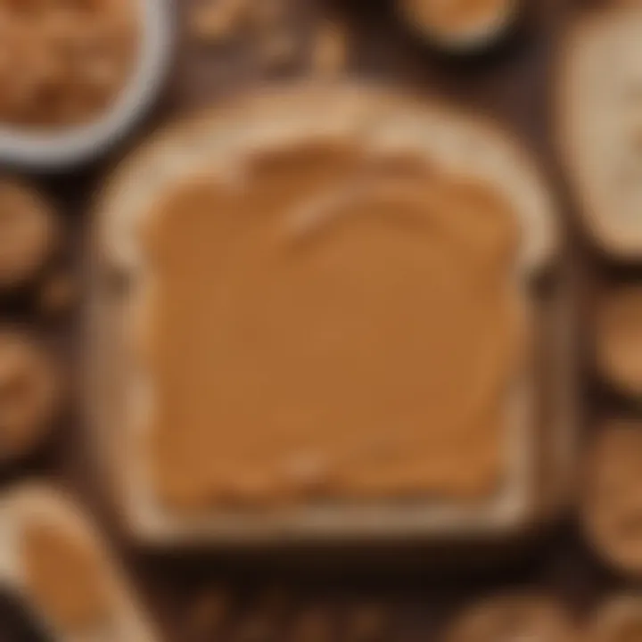 A spread of peanut butter on a slice of whole grain bread