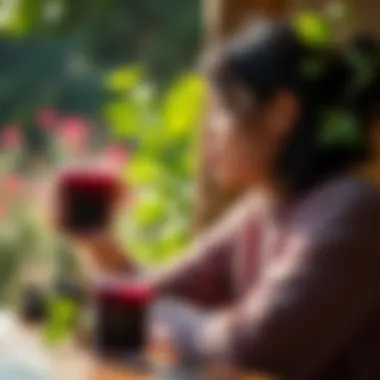 A person enjoying a healthy drink of black mulberry juice in a serene setting