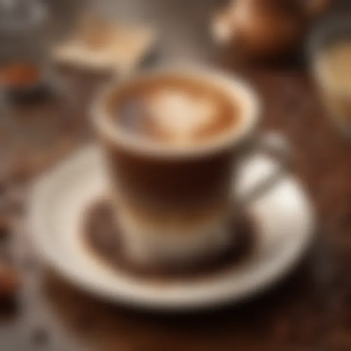 A detailed close-up of a coffee cup surrounded by artistic elements, highlighting its rich texture and color.