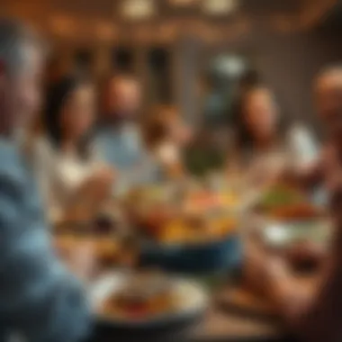 Family Feast Around the Table Gathering of family around a table with baked meat and potato dish