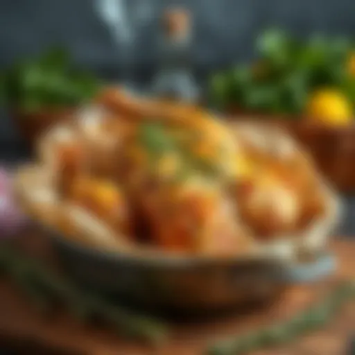 A beautifully roasted chicken in a baking bag with herbs.