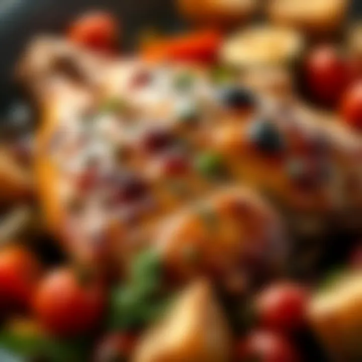 Marinated Chicken with Vegetables Close-up of marinated chicken pieces with vegetables ready for roasting.