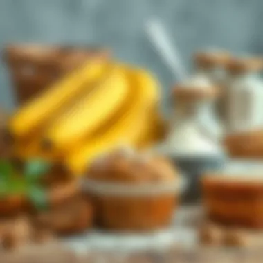 An assortment of fresh ingredients including ripe bananas and flour for muffin preparation