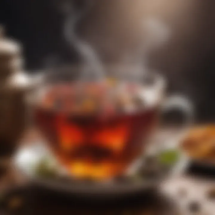 A close-up of a steaming cup of Hazal tea, showcasing its rich color and inviting aroma.