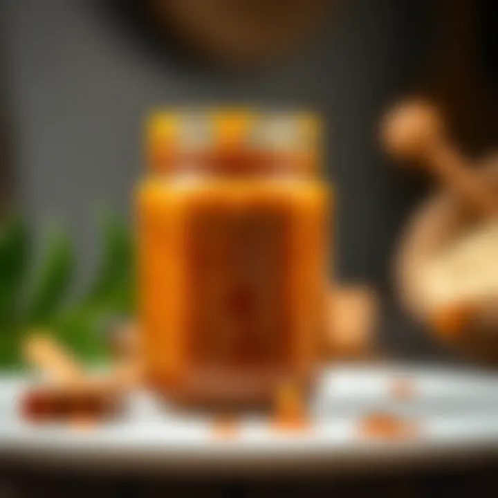 A jar filled with rich caramel sauce