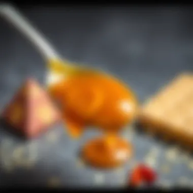 Spoonful of caramel sauce ready to enhance a dessert