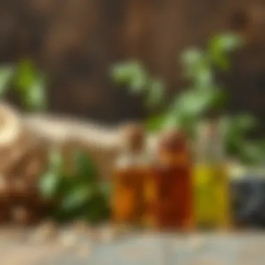 An array of herbs alongside essential oils in small vials