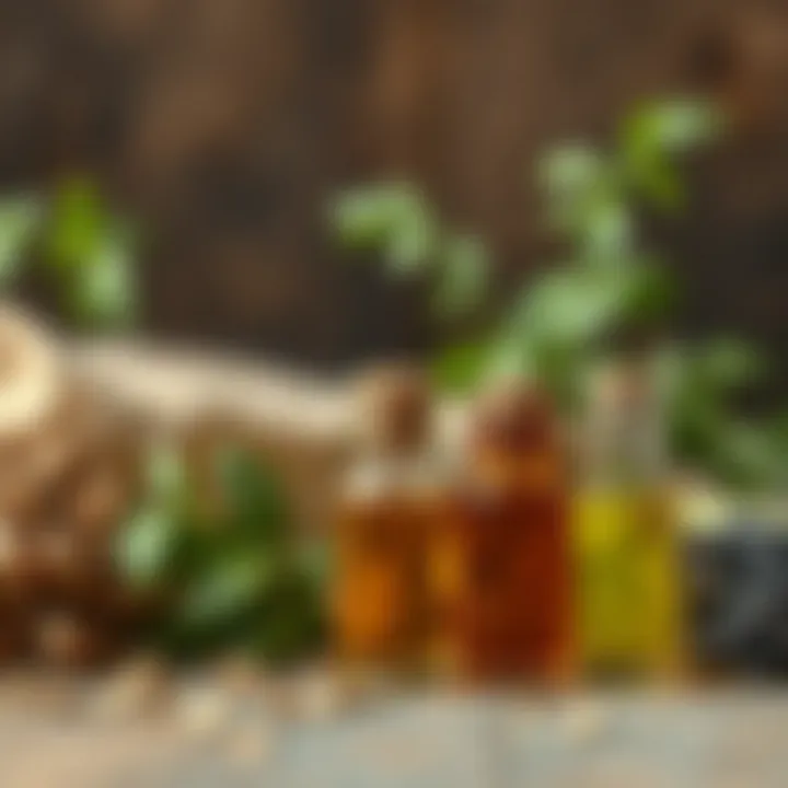 An array of herbs alongside essential oils in small vials