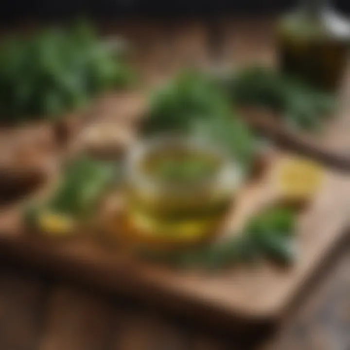 Fresh herbs and oil drizzled on a rustic wooden table