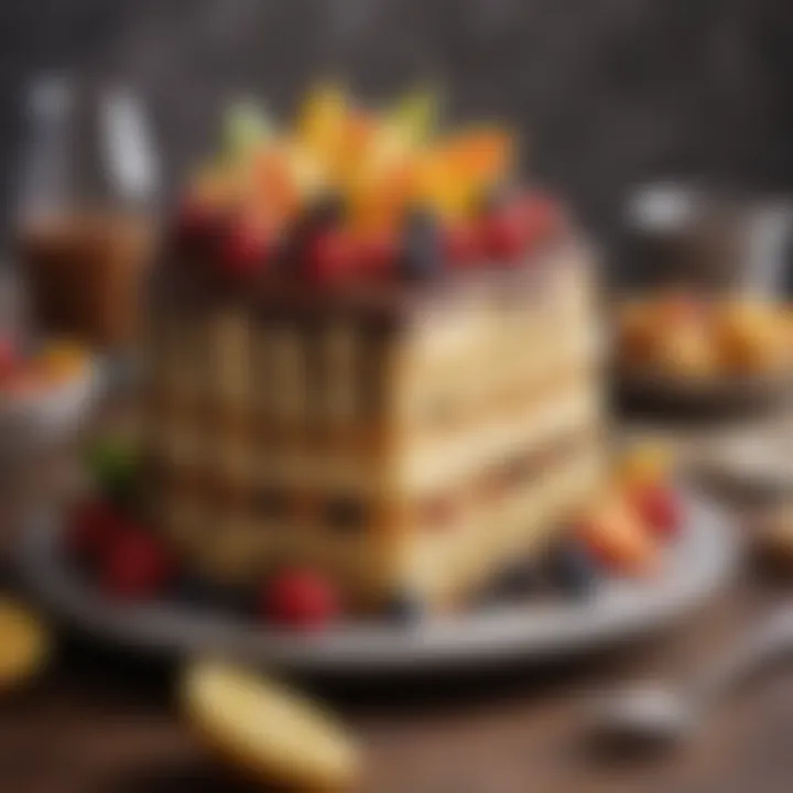 An elegant cake layered with pastry cream, adorned with fresh fruits and chocolate shavings.