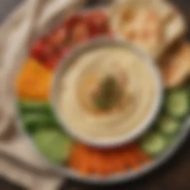 A close-up of hummus served with pita bread and vegetables