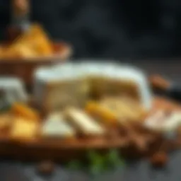 Sliced cheese on a wooden board with herbs and spices