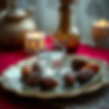 Dates and water for iftar on a decorative plate