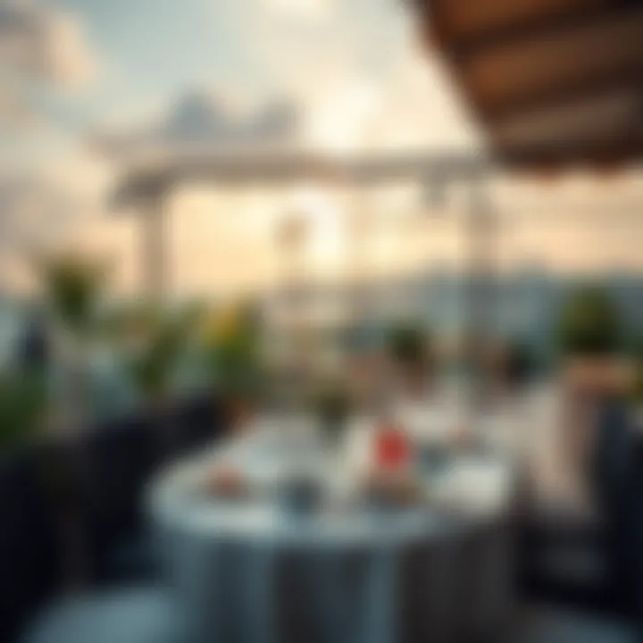 Stunning Outdoor Breakfast Experience A picturesque outdoor dining area with lush greenery and a beautiful skyline