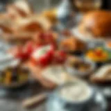 A beautifully arranged traditional Turkish breakfast spread with fresh bread, olives, and cheeses