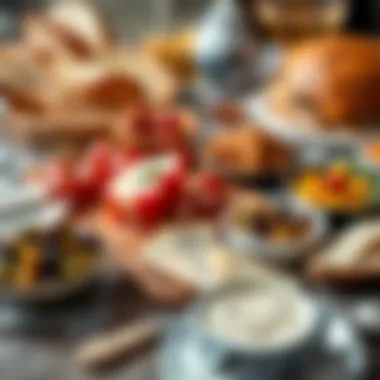 A beautifully arranged traditional Turkish breakfast spread with fresh bread, olives, and cheeses