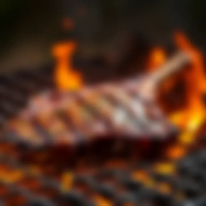 Close-up of a sizzling bone-in meat on a grill