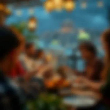 A group of friends enjoying iftar together in a warm setting.