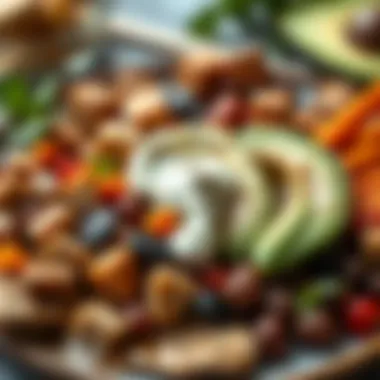 A colorful breakfast plate featuring various protein sources like tofu, beans, and avocado.