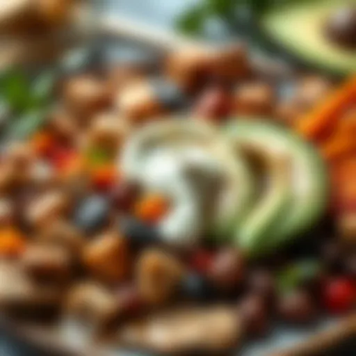 A colorful breakfast plate featuring various protein sources like tofu, beans, and avocado.