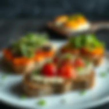 A selection of whole grain toast topped with hummus, vegetables, and sprouts.