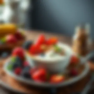 A beautifully arranged platter of Greek yogurt, fruits, and granola.