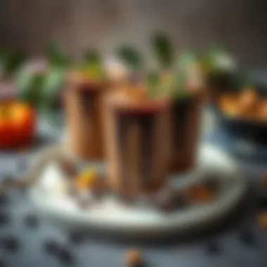 Artistic presentation of chocolate milk dessert with garnishes