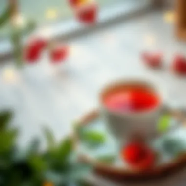 Cup of Karabaş Tea in a Serene Setting A serene setting with a cup of Karabaş tea and fresh leaves