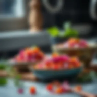 Colorful dishes adorned with red cabbage sauce