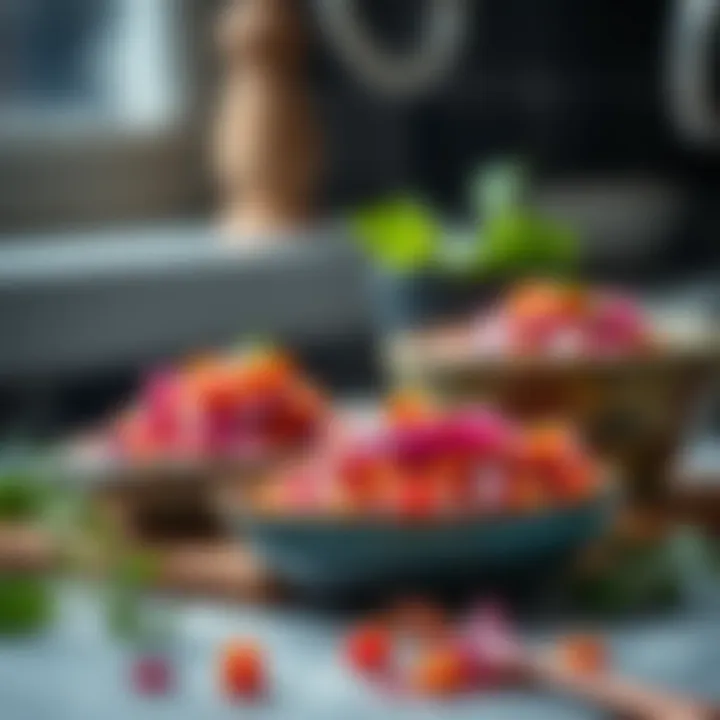 Colorful dishes adorned with red cabbage sauce