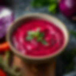 Vibrant red cabbage sauce in a bowl garnished with herbs