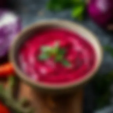 Vibrant red cabbage sauce in a bowl garnished with herbs