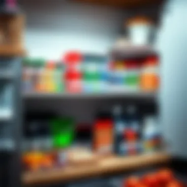 A well-organized kitchen shelf stocked with food coloring products