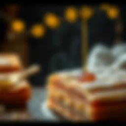 Golden layers of homemade baklava with syrup dripping