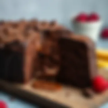 Decadent chocolate cake sliced to reveal its moist interior