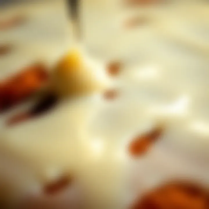 A close-up of a decadent icing drizzled over a moist cake