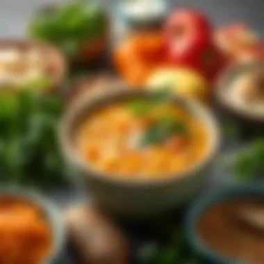 Key ingredients for lentil soup arranged beautifully