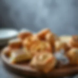 A variety of dry pastries arranged artfully on a wooden platter.