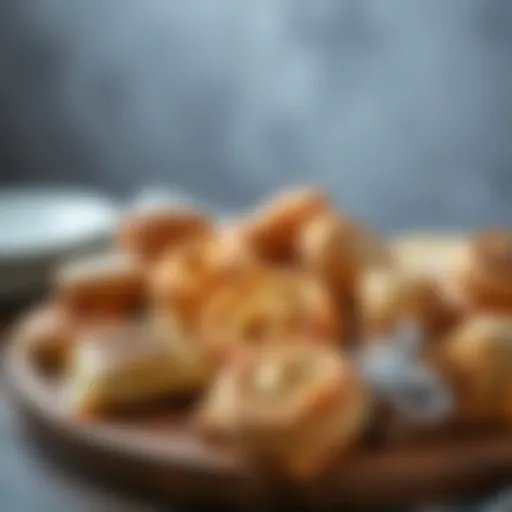 A variety of dry pastries arranged artfully on a wooden platter.
