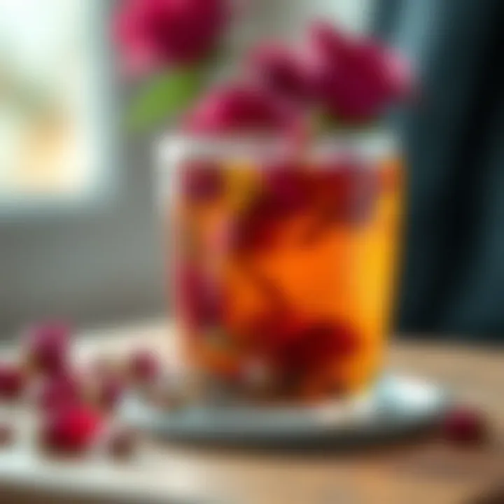 Herbal Tea Infused with Dried Roses A herbal tea brewed with dried rose petals