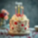 An elegant birthday cake adorned with intricate designs and vibrant colors